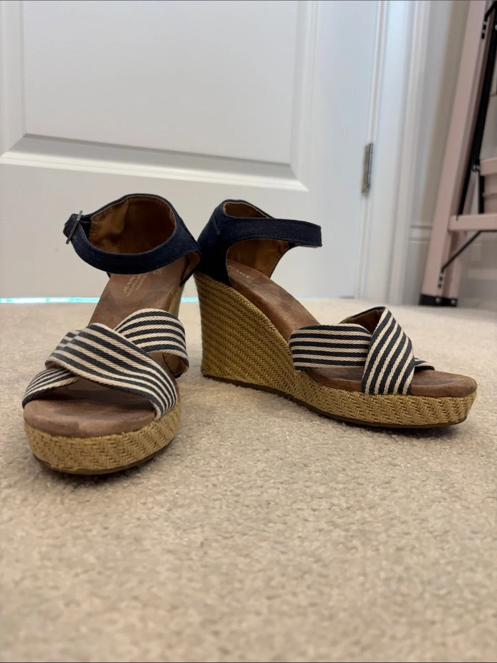 Toms Navy and White Striped Crisscross Wedge Sandals with Ankle Strap